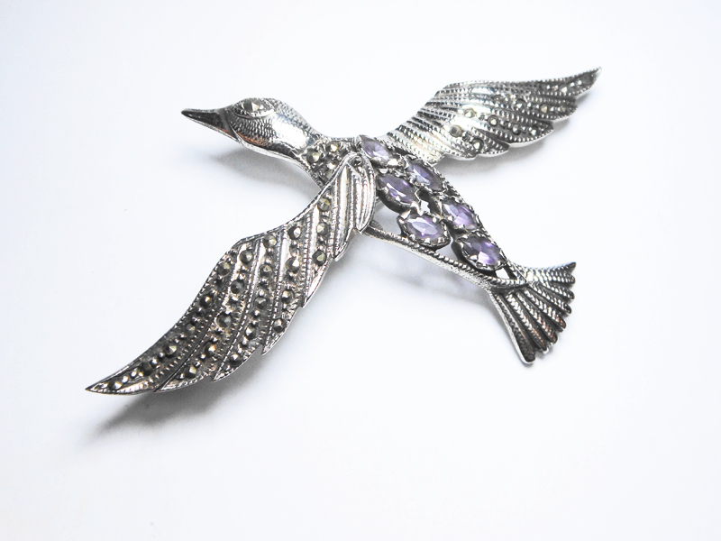 Sup Silver Marcasite Bird Brooch 925 Sterling Silver, Handmade Amethyst Pin For Holiday Gifts - Image 12