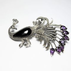 Onyx Peacock Silver Brooch, Amethyst Brooch | Sup Silver