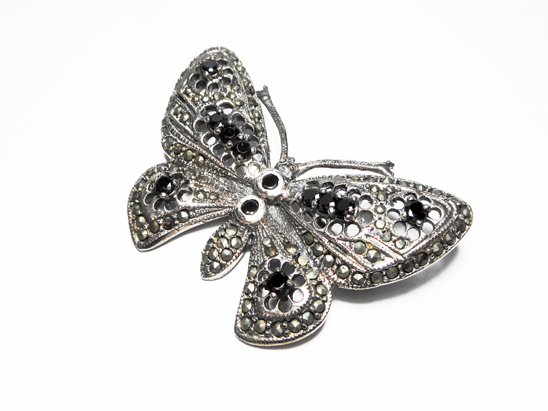 Onyx Butterfly Pin, Silver Marcasite Jewelry | Sup Silver - Image 2