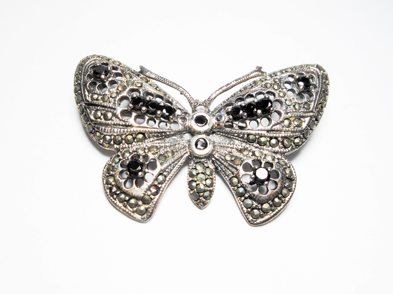 Onyx Butterfly Pin, Silver Marcasite Jewelry | Sup Silver