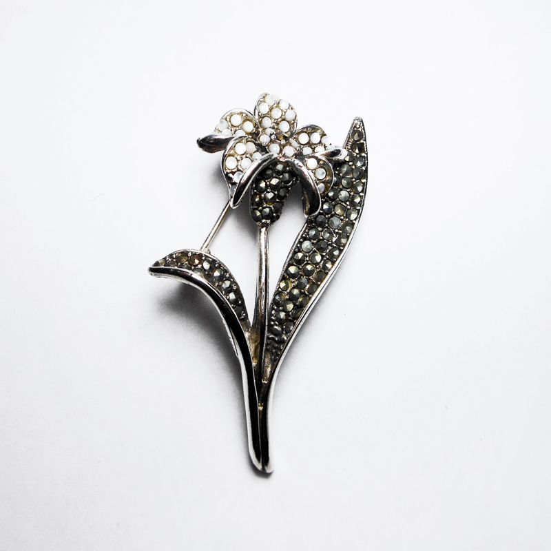 Sup Silver White Moonstone & Marcasite Lily Brooch 925 Sterling Silver, Handmade Flora Pin Jewelry Gifts - Image 2