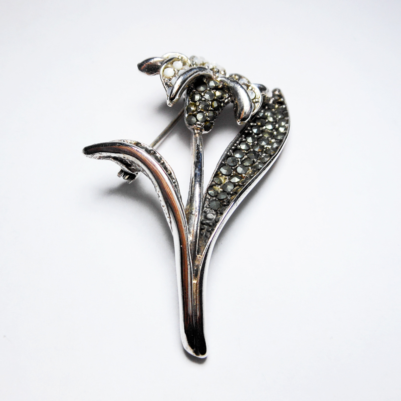 Sup Silver White Moonstone & Marcasite Lily Brooch 925 Sterling Silver, Handmade Flora Pin Jewelry Gifts - Image 11