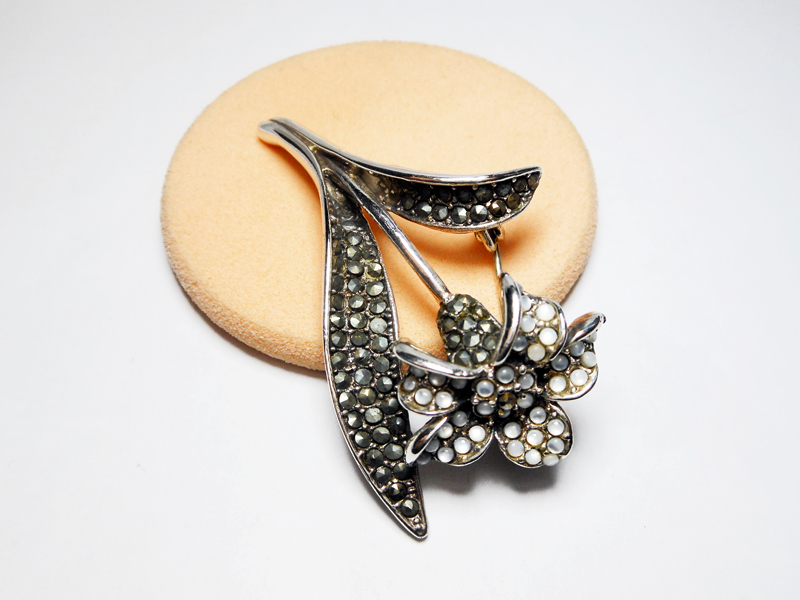Sup Silver White Moonstone & Marcasite Lily Brooch 925 Sterling Silver, Handmade Flora Pin Jewelry Gifts - Image 3