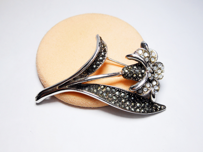 Sup Silver White Moonstone & Marcasite Lily Brooch 925 Sterling Silver, Handmade Flora Pin Jewelry Gifts - Image 4