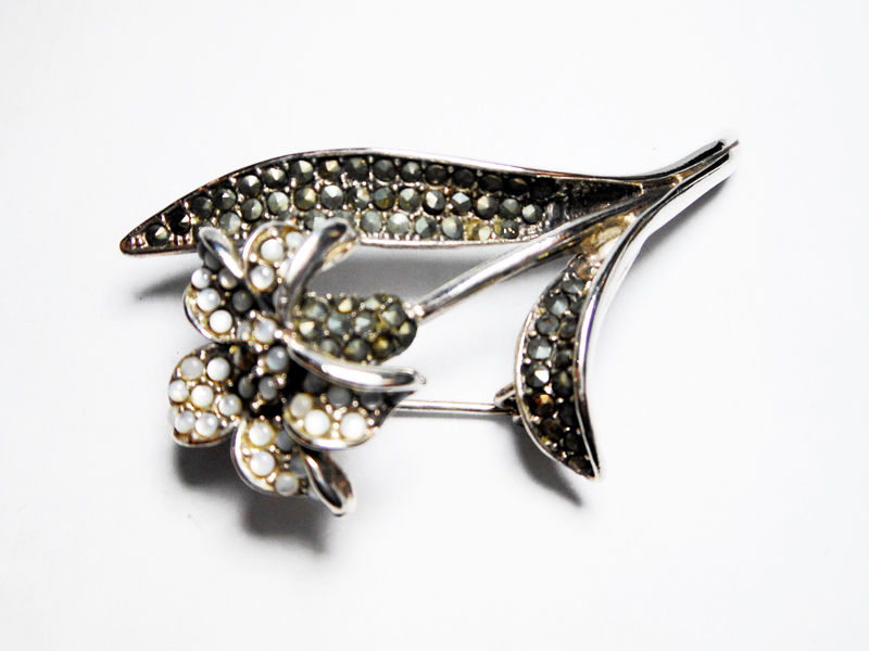 Sup Silver White Moonstone & Marcasite Lily Brooch 925 Sterling Silver, Handmade Flora Pin Jewelry Gifts - Image 6