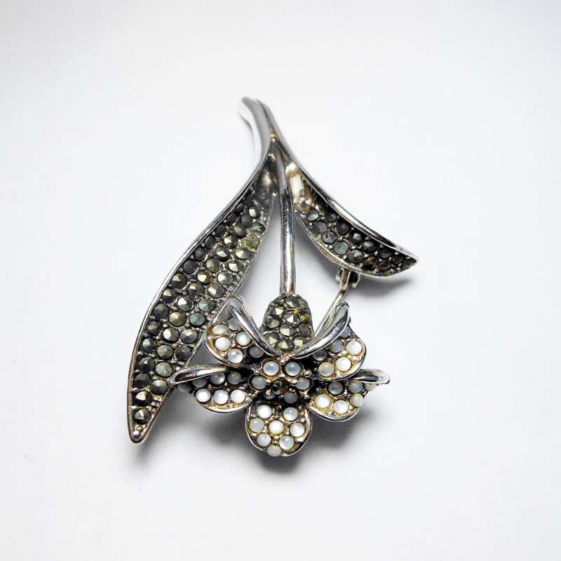 Sup Silver White Moonstone & Marcasite Lily Brooch 925 Sterling Silver, Handmade Flora Pin Jewelry Gifts - Image 8