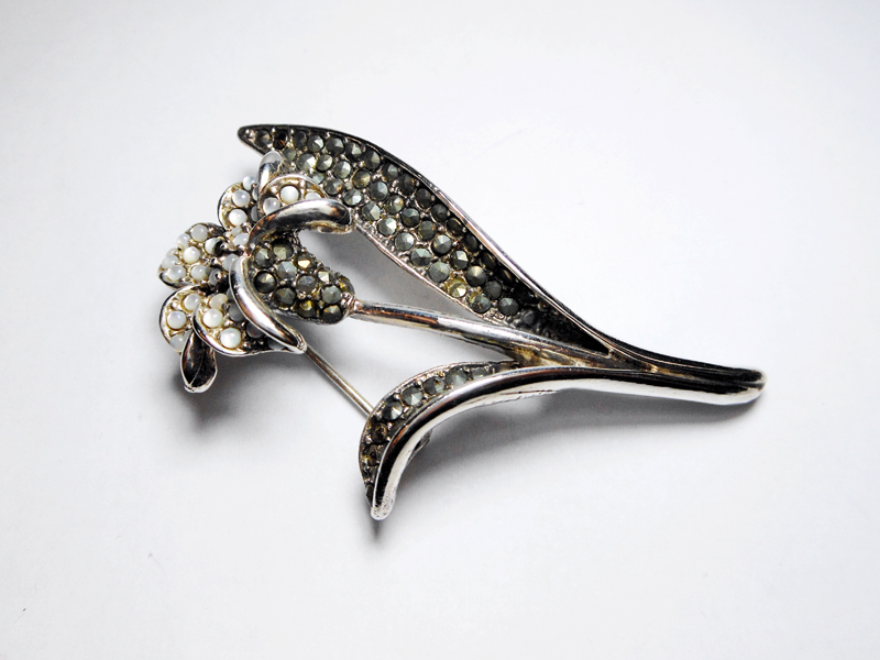 Sup Silver White Moonstone & Marcasite Lily Brooch 925 Sterling Silver, Handmade Flora Pin Jewelry Gifts - Image 9
