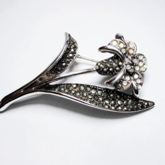 Sup Silver White Moonstone & Marcasite Lily Brooch 925 Sterling Silver, Handmade Flora Pin Jewelry Gifts