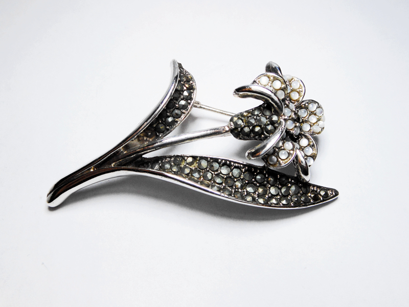 Sup Silver White Moonstone & Marcasite Lily Brooch 925 Sterling Silver, Handmade Flora Pin Jewelry Gifts