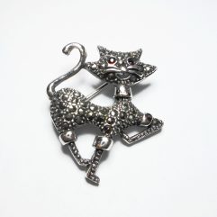 Sup Silver Marcasite Kitty Pin Brooch 925 Sterling Silver, Handmade Women Walking Cat Pin