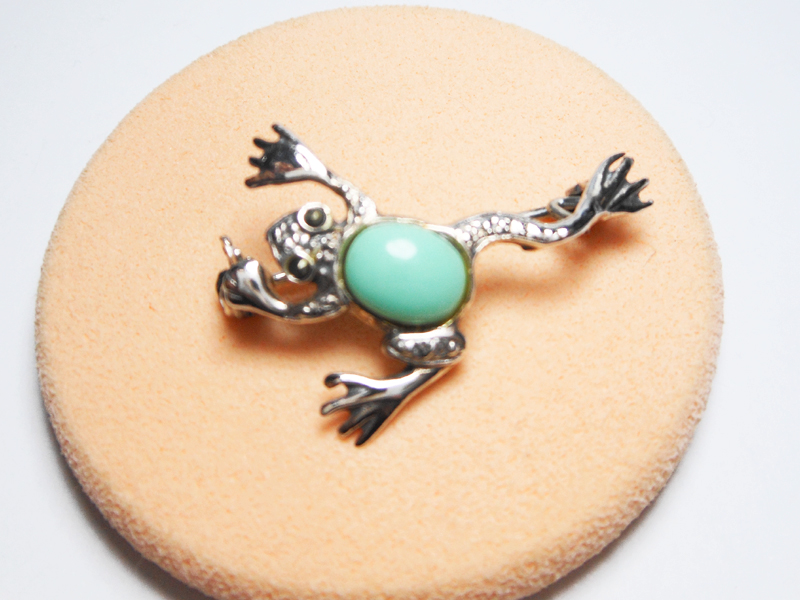 Sup Silver Turquoise and Marcasite Frog Brooch 925 Sterling Silver, Handmade Animal Pin Jewelry Gifts