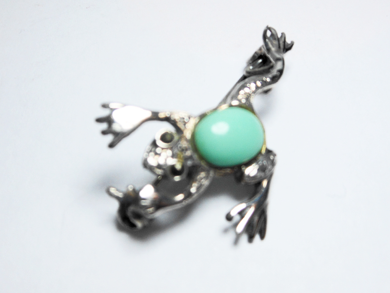 Sup Silver Turquoise and Marcasite Frog Brooch 925 Sterling Silver, Handmade Animal Pin Jewelry Gifts - Image 6