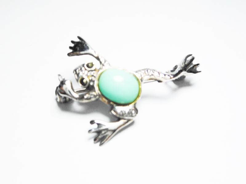 Sup Silver Turquoise and Marcasite Frog Brooch 925 Sterling Silver, Handmade Animal Pin Jewelry Gifts - Image 7