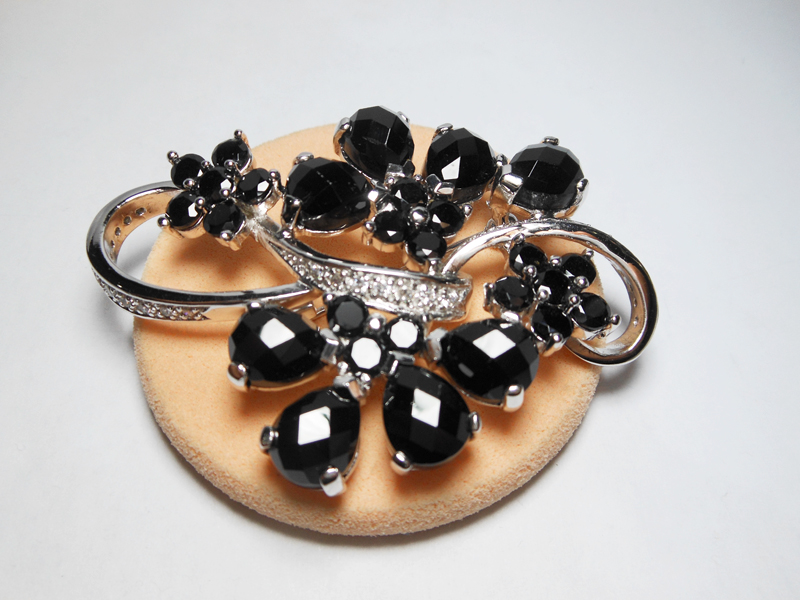 Sup Silver White Gold Plated Black Onyx Flower Brooch 925 Sterling Silver, Handmade Large Onyx Pin - Image 2