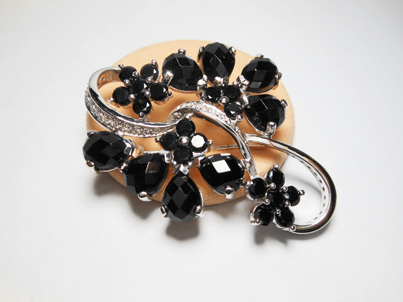 Sup Silver White Gold Plated Black Onyx Flower Brooch 925 Sterling Silver, Handmade Large Onyx Pin - Image 3