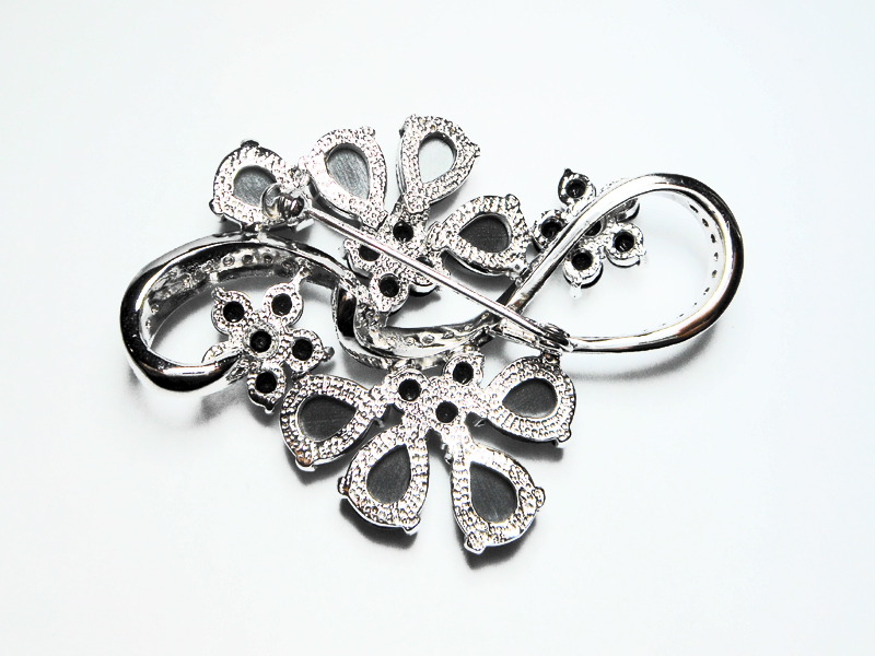 Sup Silver White Gold Plated Black Onyx Flower Brooch 925 Sterling Silver, Handmade Large Onyx Pin - Image 4