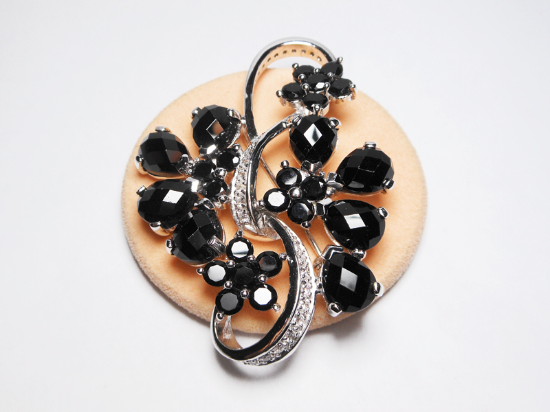 Sup Silver White Gold Plated Black Onyx Flower Brooch 925 Sterling Silver, Handmade Large Onyx Pin - Image 5
