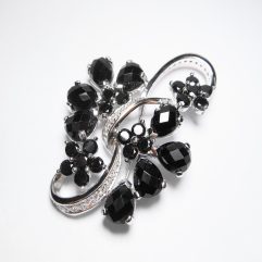 Sup Silver White Gold Plated Black Onyx Flower Brooch 925 Sterling Silver, Handmade Large Onyx Pin