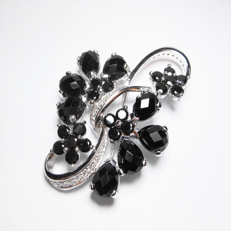 Sup Silver White Gold Plated Black Onyx Flower Brooch 925 Sterling Silver, Handmade Large Onyx Pin