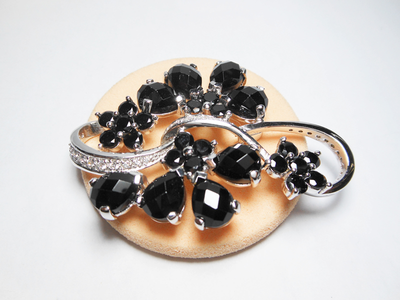Sup Silver White Gold Plated Black Onyx Flower Brooch 925 Sterling Silver, Handmade Large Onyx Pin - Image 7