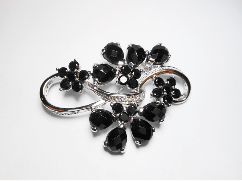 Sup Silver White Gold Plated Black Onyx Flower Brooch 925 Sterling Silver, Handmade Large Onyx Pin - Image 8