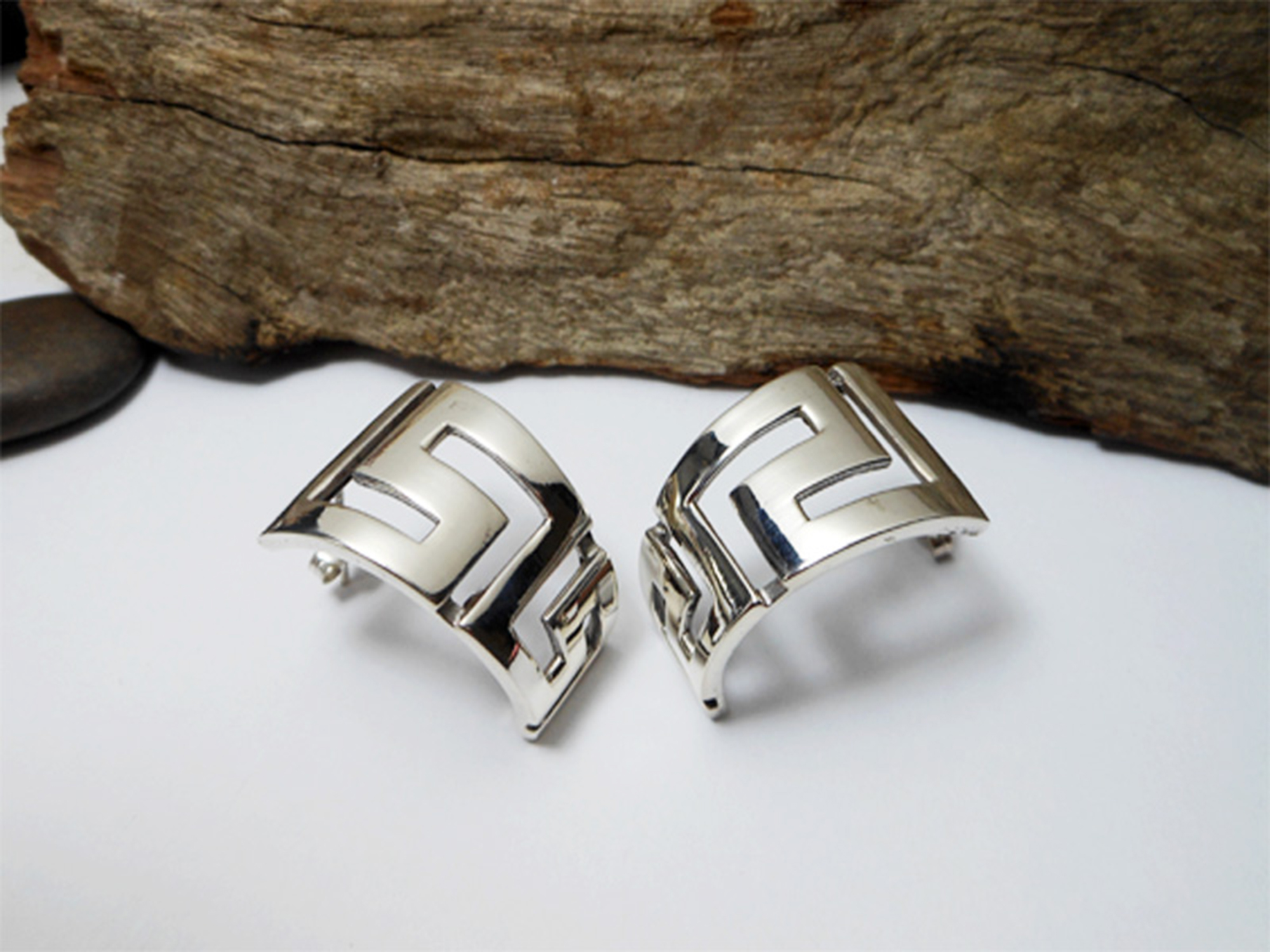 Chunky Greek Key Half Hoop Stud Earrings – 925 Sterling Silver Statement Jewelry - Image 3
