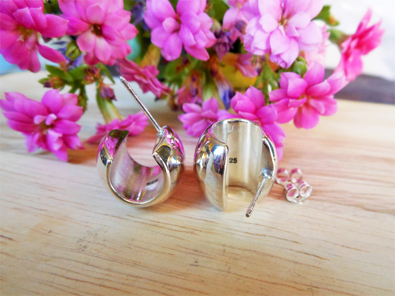 925 Sterling Silver Puffy Wide Hoop Stud Earrings – Handmade Geometric Jewelry - Image 2
