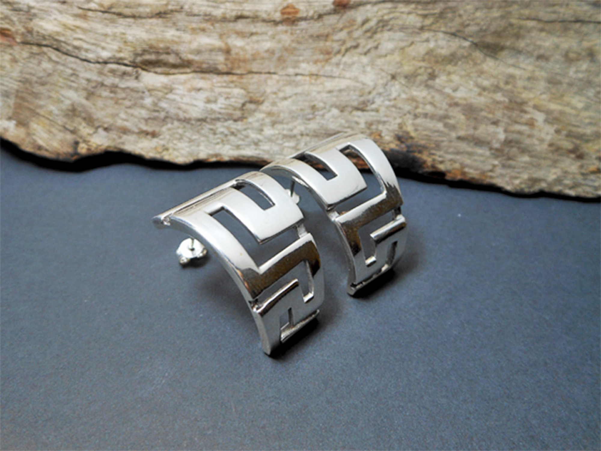 Chunky Greek Key Half Hoop Stud Earrings – 925 Sterling Silver Statement Jewelry - Image 4