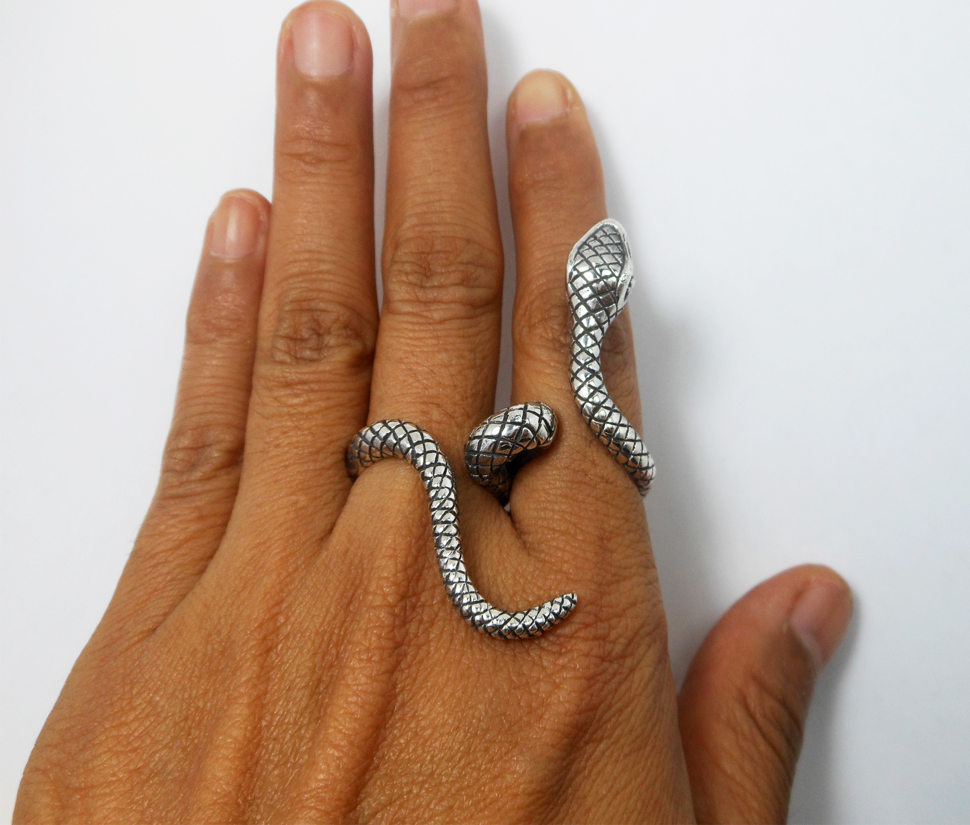 Snake Textured Wrap Double Ring – 925 Sterling Silver Adjustable Unisex Jewelry