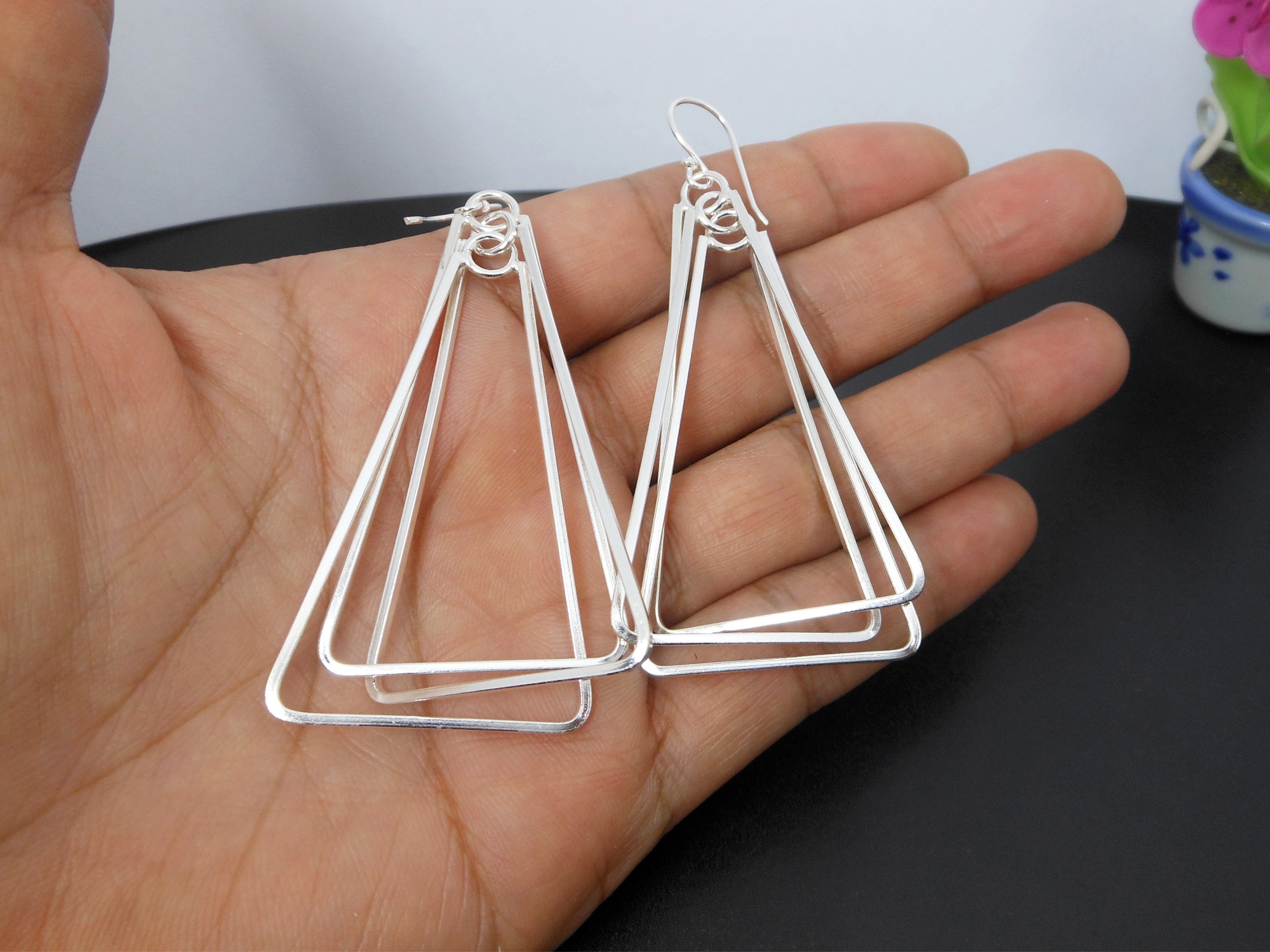 Handmade 925 Sterling Silver Multi Spinning Triangle Pyramid Dangle Earrings – Geometric Statement Jewelry - Image 3