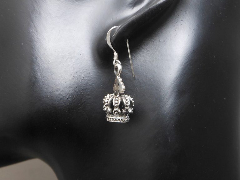 Sup Silver Textured Crown Dangle Earrings 925 Sterling Silver, Handmade