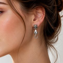 Model wearing cat earring jackets, side profile