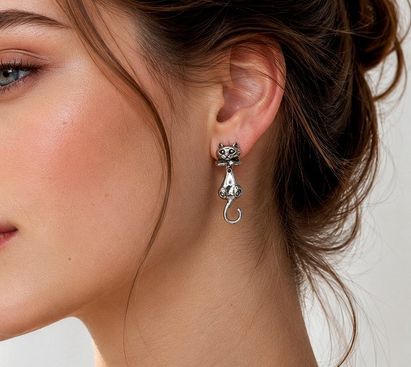 Model wearing cat earring jackets, side profile