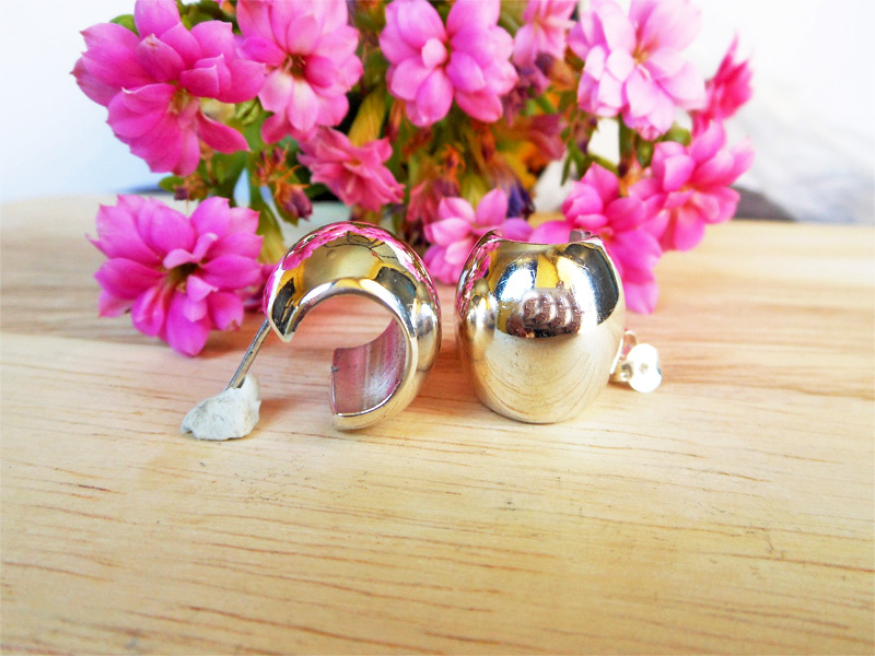 925 Sterling Silver Puffy Wide Hoop Stud Earrings – Handmade Geometric Jewelry - Image 5