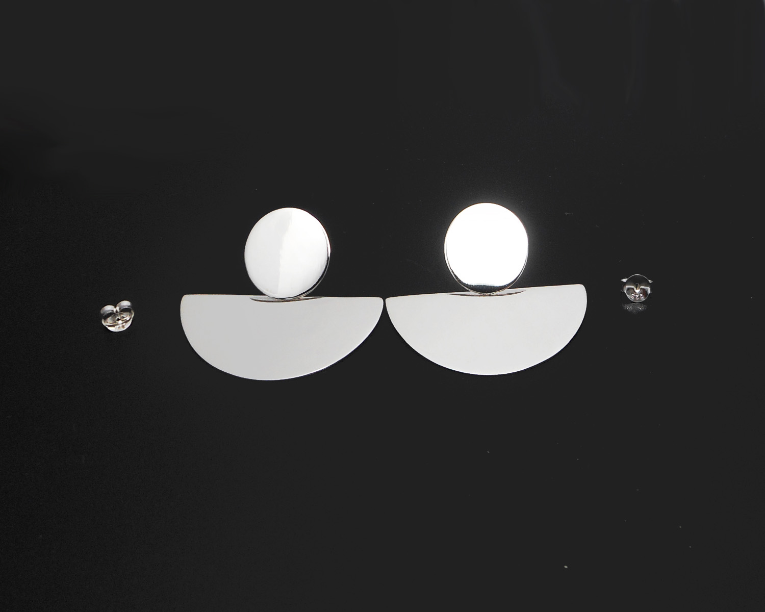 Pair of handmade 925 sterling silver fan-shaped half-circle dangle stud earrings featuring a high-polished mirror finish on a black background.