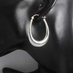 Handmade Long Oval Puffy Hoop Earrings – 925 Sterling Silver Tapered Statement Jewelry