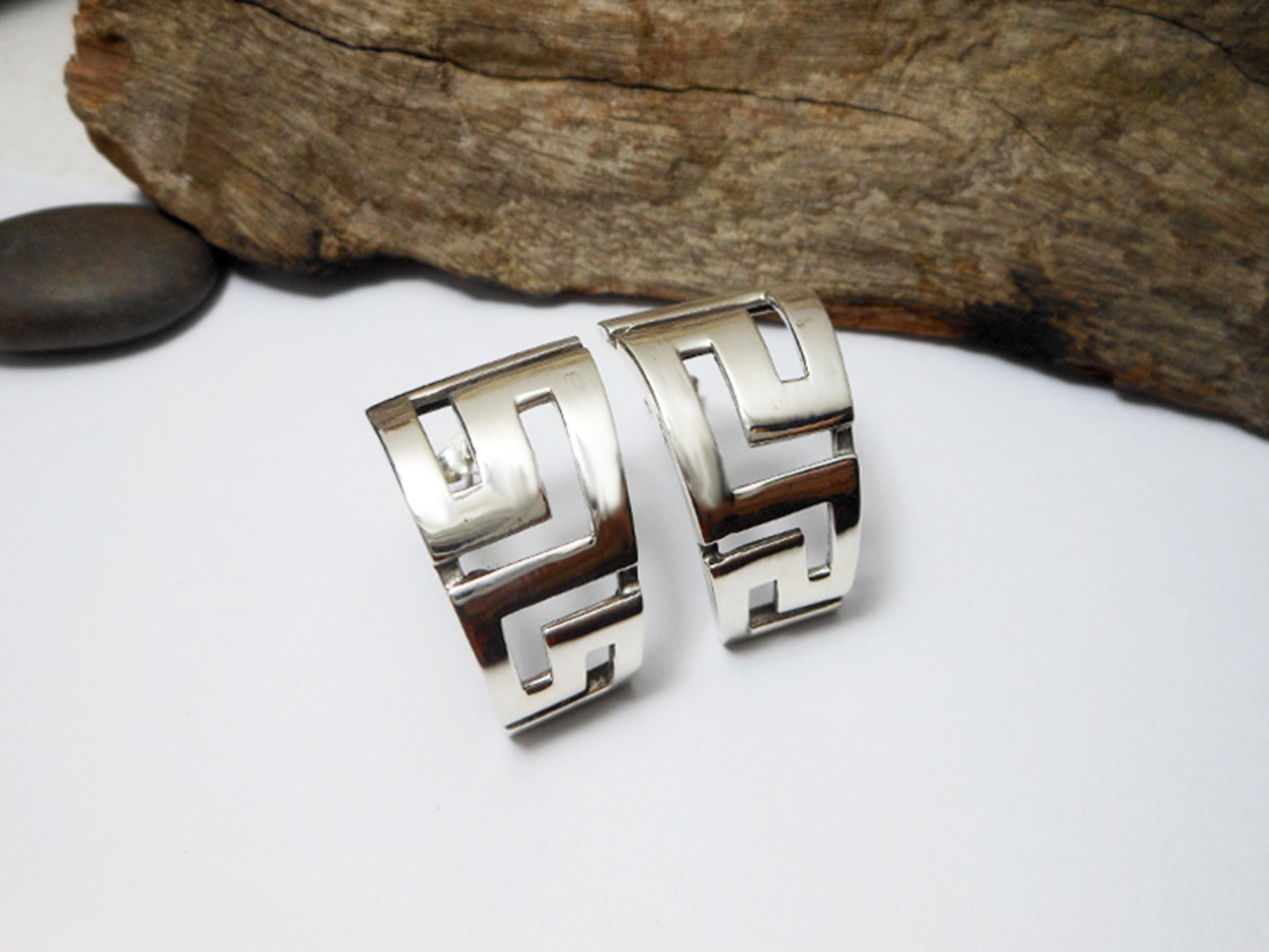 Chunky Greek Key Half Hoop Stud Earrings – 925 Sterling Silver Statement Jewelry - Image 7