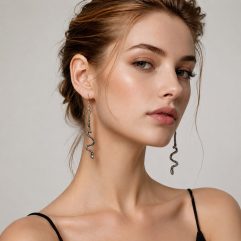 A detailed close-up studio portrait of the model from "e399-lifestyle-model-casual.jpg" featuring her wearing the long, textured 925 sterling silver slithering serpent drop earrings, which hang gracefully from her ears.