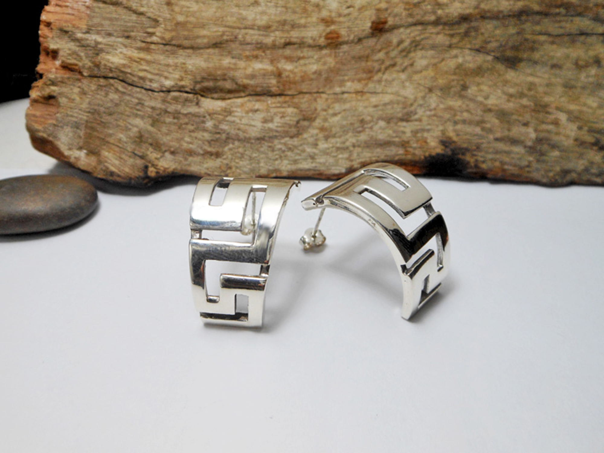 Chunky Greek Key Half Hoop Stud Earrings – 925 Sterling Silver Statement Jewelry - Image 8
