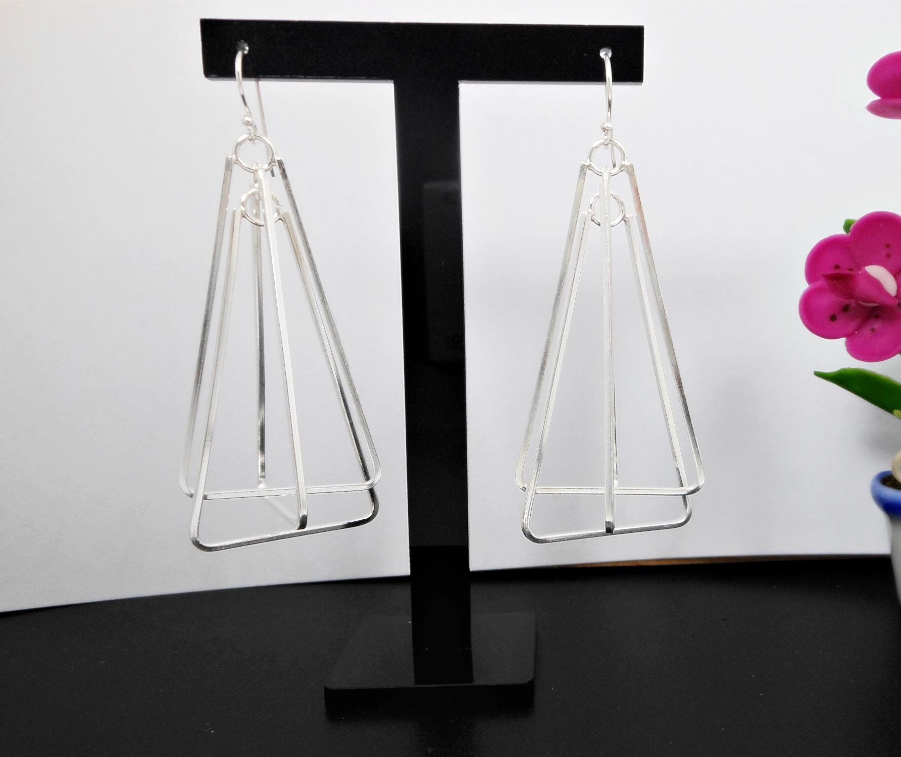 Handmade 925 Sterling Silver Multi Spinning Triangle Pyramid Dangle Earrings – Geometric Statement Jewelry - Image 6