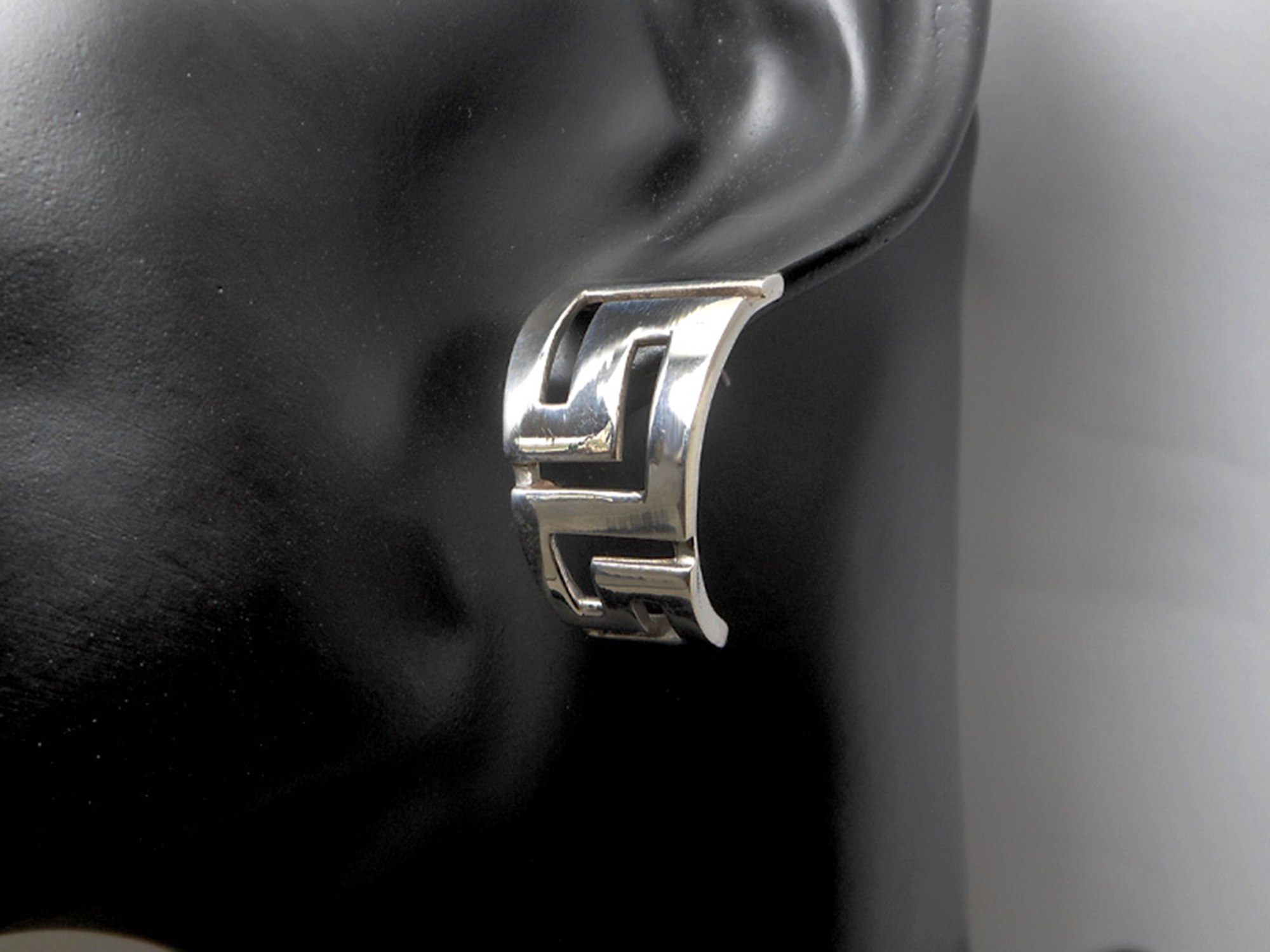 Chunky Greek Key Half Hoop Stud Earrings – 925 Sterling Silver Statement Jewelry - Image 9