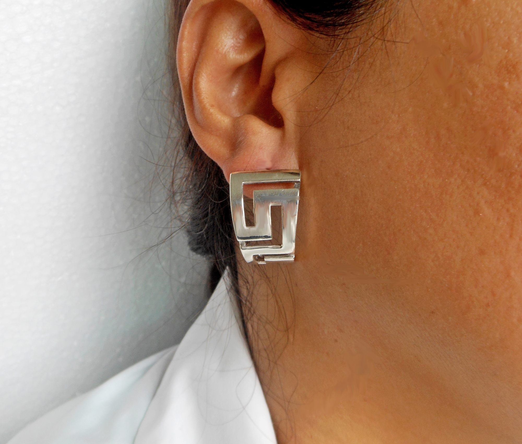 Chunky Greek Key Half Hoop Stud Earrings – 925 Sterling Silver Statement Jewelry - Image 10