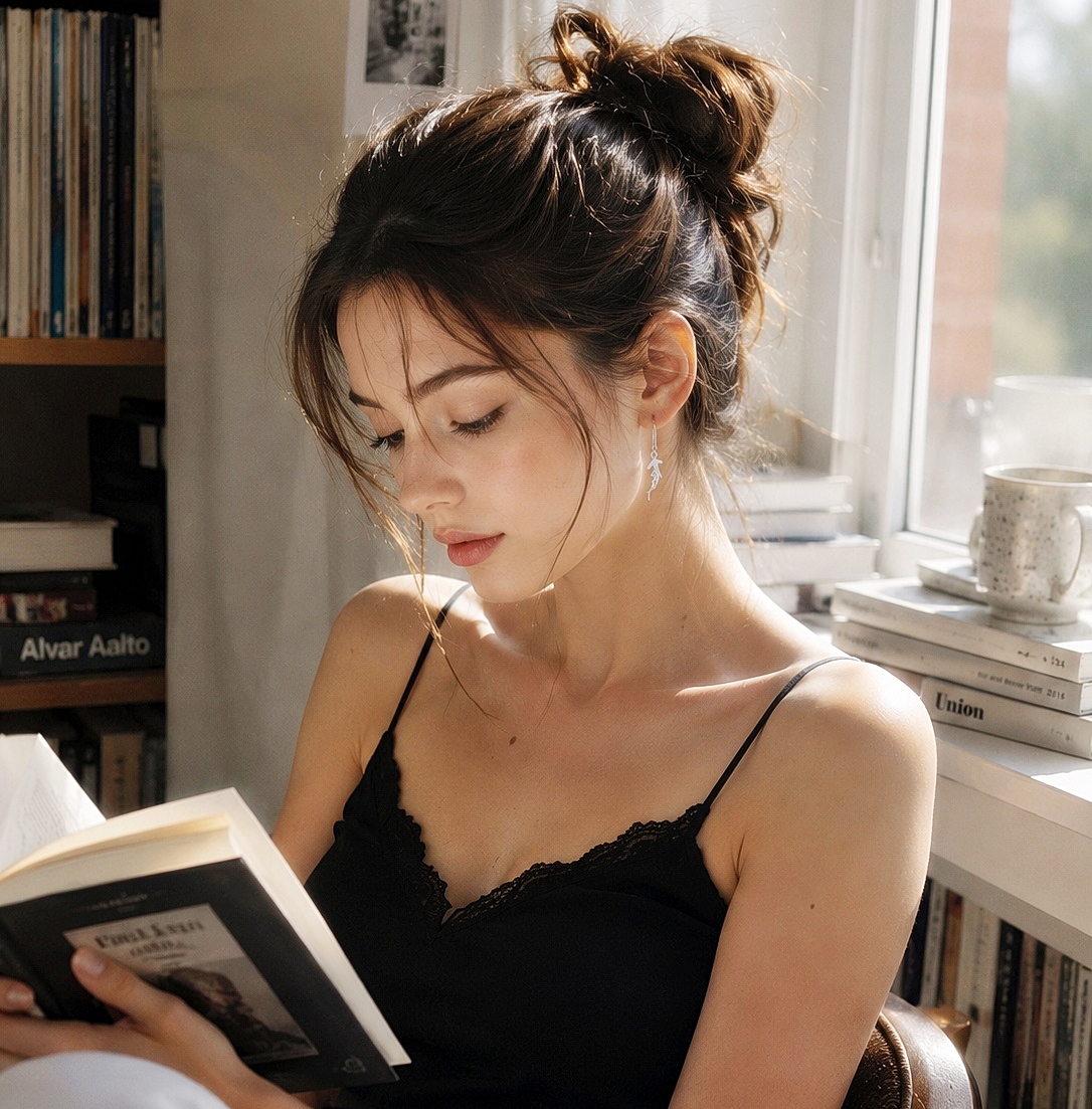 Model wearing silver hammerhead shark earrings while reading a book