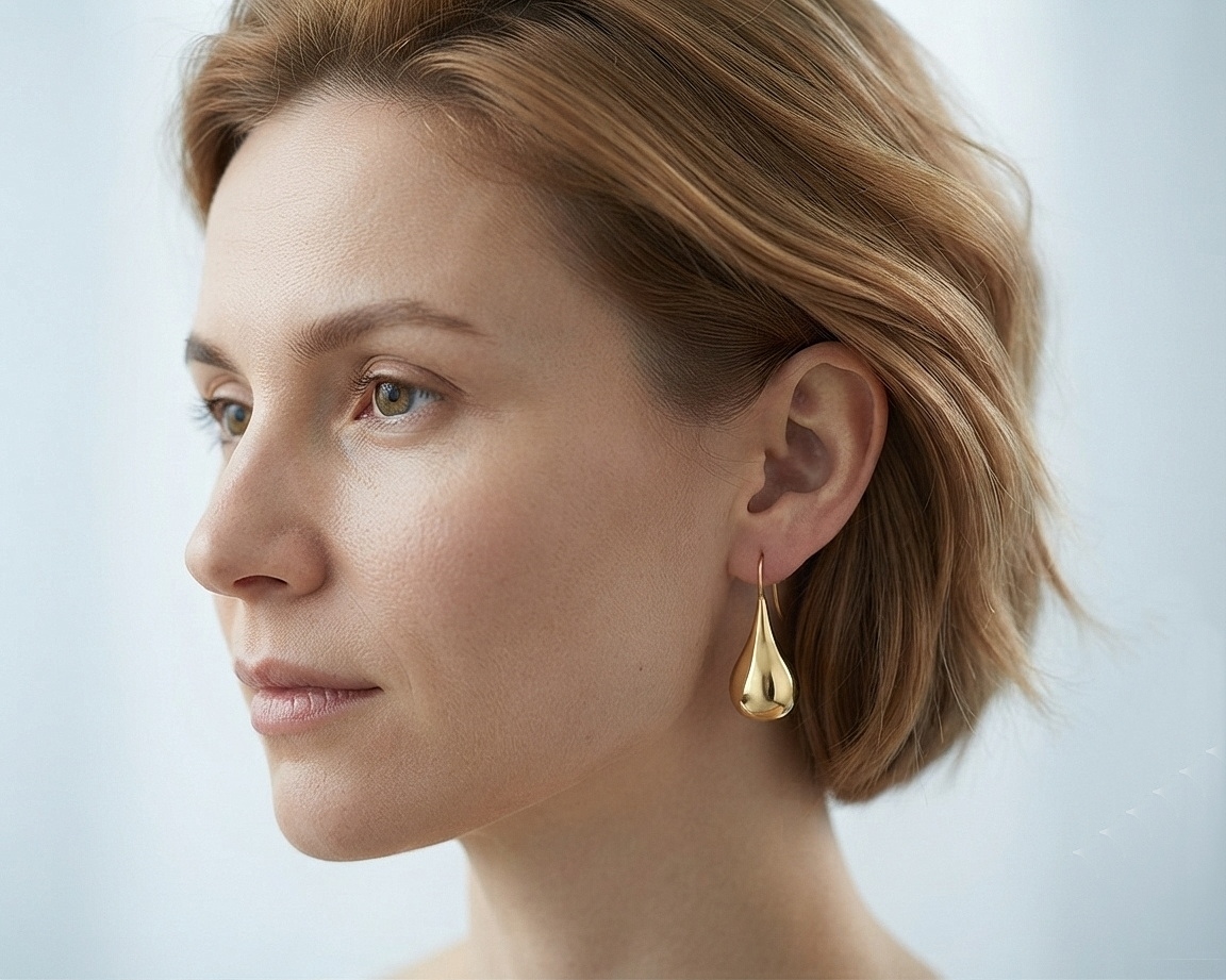 Side profile of a woman with short hair wearing gold puffy teardrop earrings.