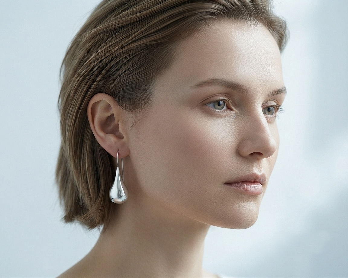 Side profile of a woman with short hair wearing polished sterling silver puffy teardrop earrings.