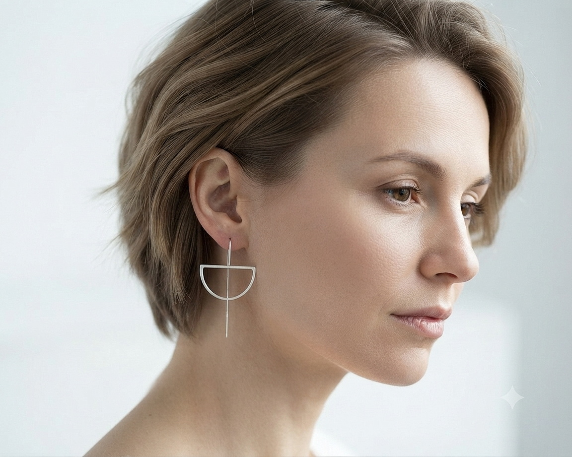 A model wearing handmade sterling silver half-moon threader earrings.