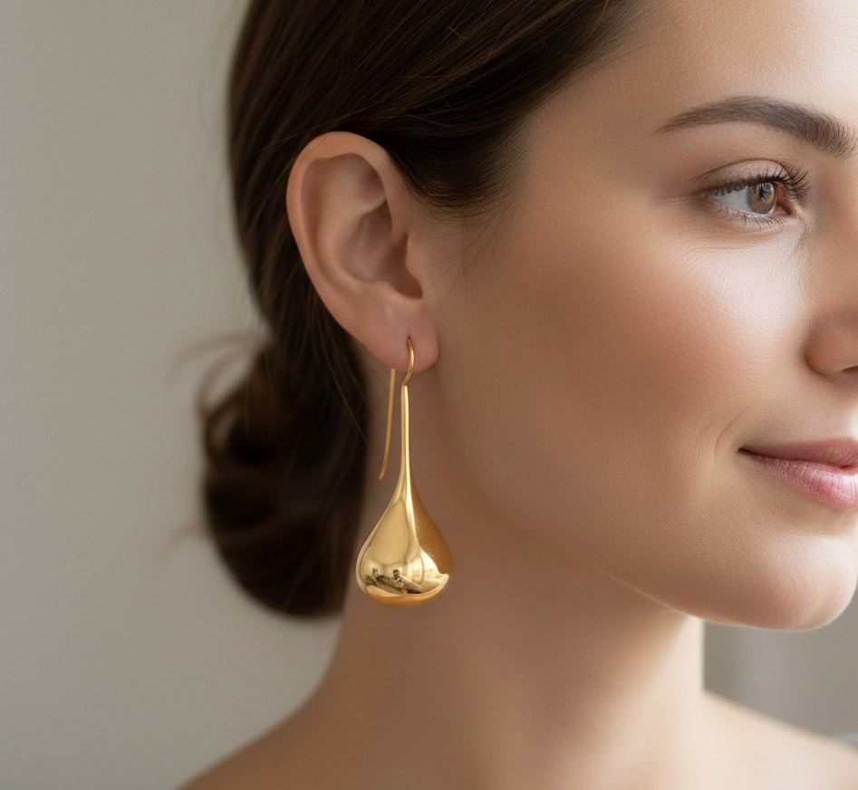 A model wearing long, gold-plated teardrop threader earrings.
