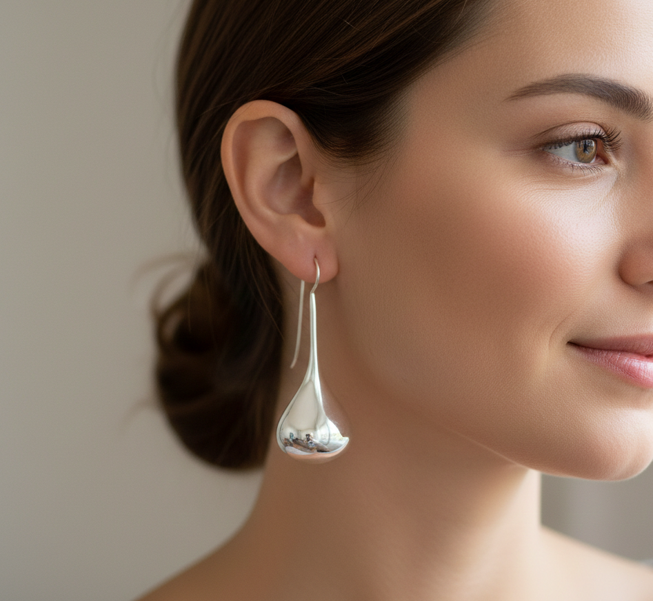Side profile of a model wearing long teardrop threader earrings.