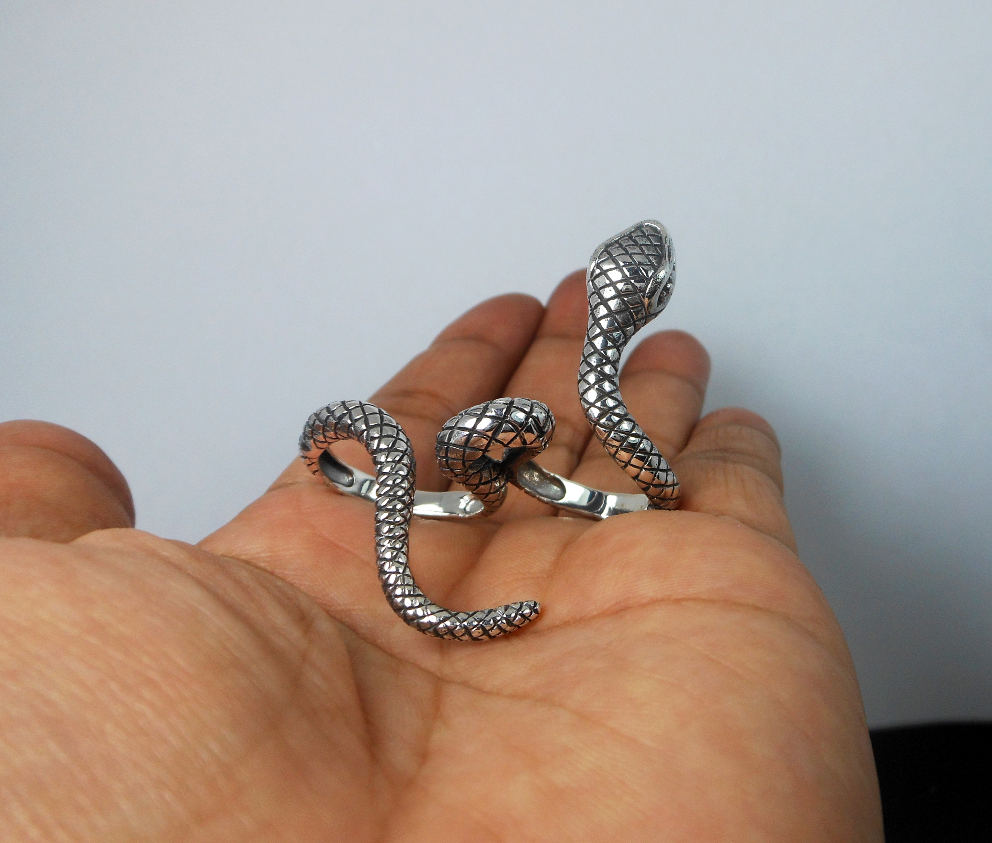 Snake Textured Wrap Double Ring – 925 Sterling Silver Adjustable Unisex Jewelry - Image 10