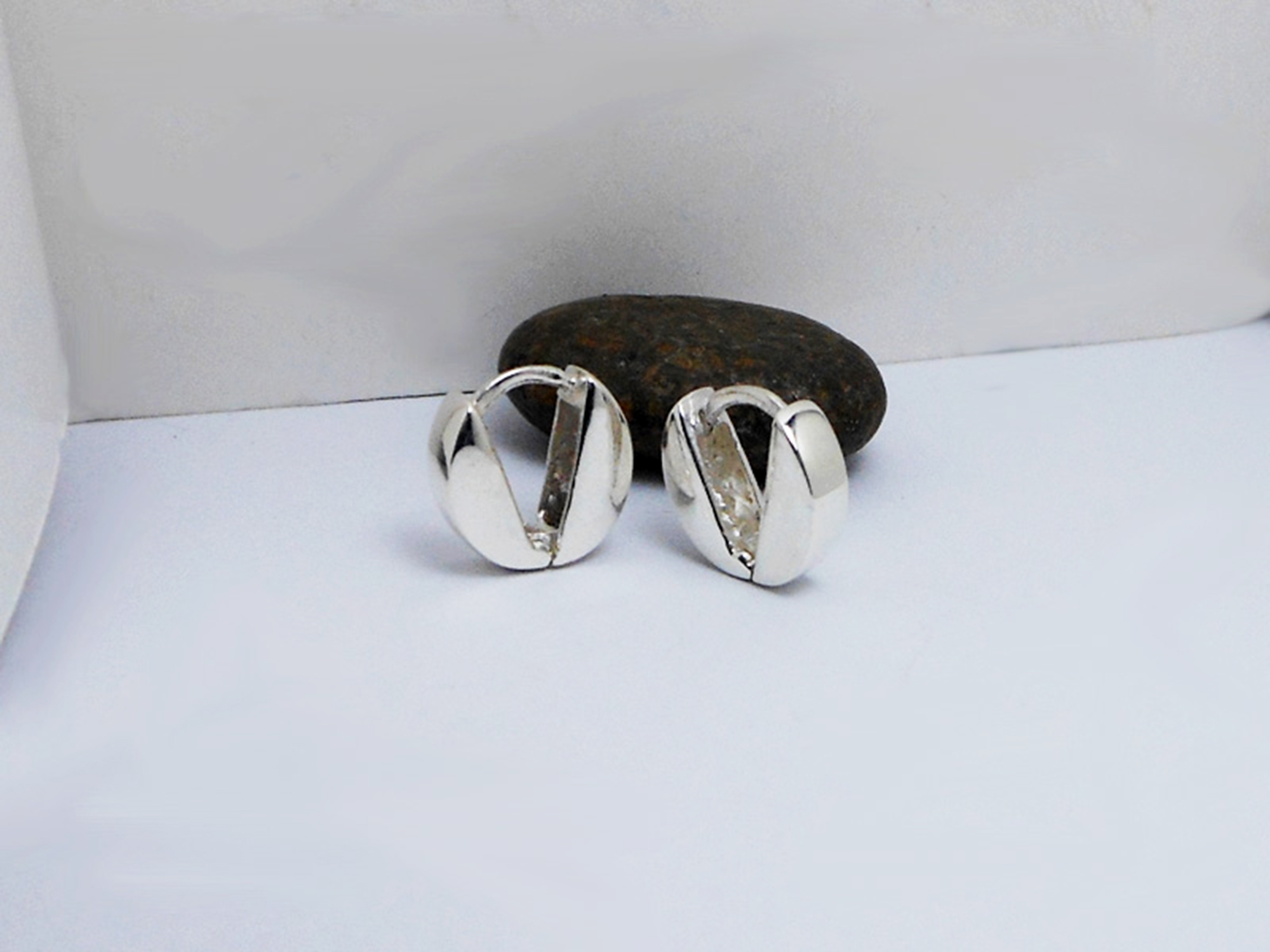 V-Button Hoop Earrings – 925 Sterling Silver Handmade Unisex Huggie Hoops - Image 11